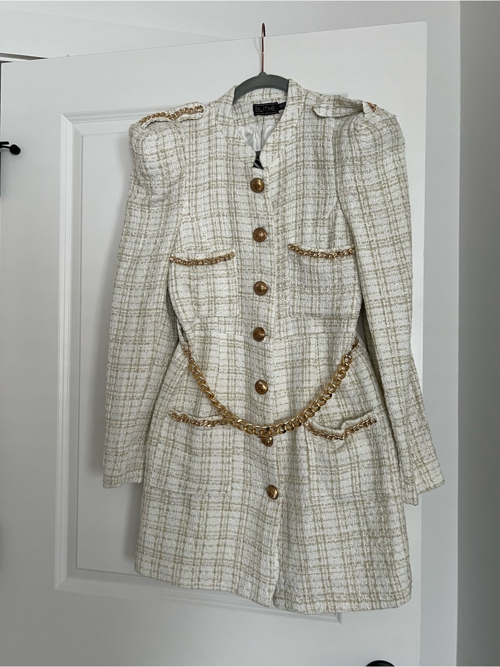 Blithe LA Tweed Gold-Trim Chain Button Dress Coat - Cream & Gold